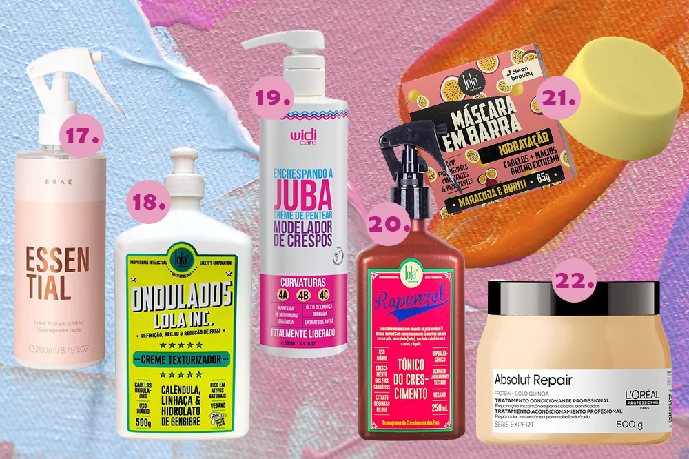 Produtos de beleza com desconto na semana do cliente na Amazon em montagem com fundo azul, rosa e laranja com estrelinhas douradas