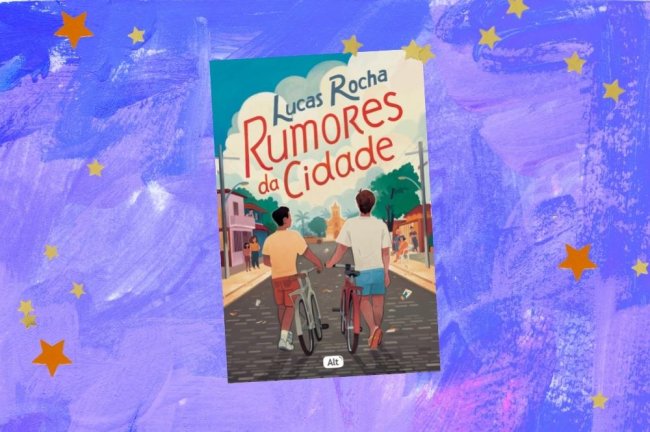 rumores-da-cidade-de-lucas-rocha Capa do livro Rumores da Cidade, de Lucas Rocha, em uum fundo de textura roxa com estrelas amarelas como decoração