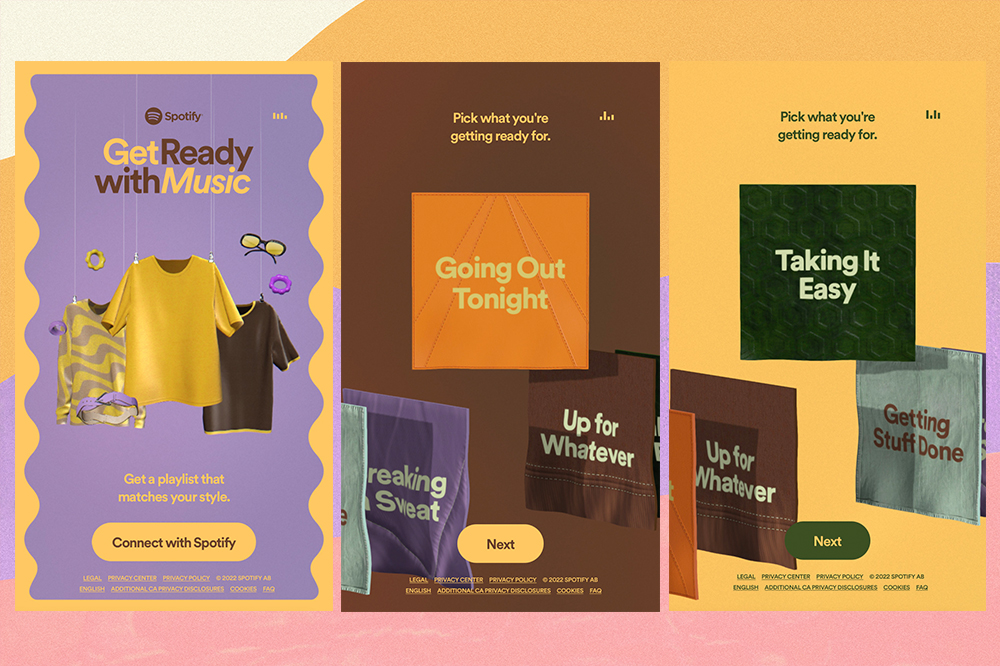 spotify-getreadywithme-arrume-se-comigo-musica-01 Montagem em fundo amarelo, lilás e rosa com três prints de tela da experiência Get Ready With Music, do Spotify