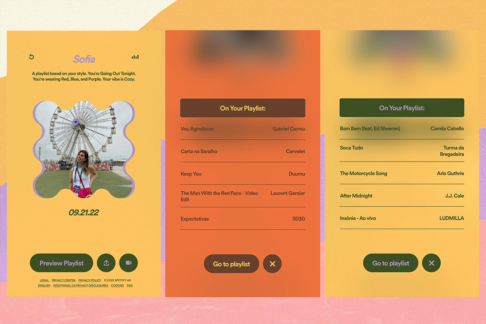 spotify-getreadywithme-arrume-se-comigo-musica-03 Montagem em fundo amarelo, lilás e rosa com três prints de tela da experiência Get Ready With Music, do Spotify