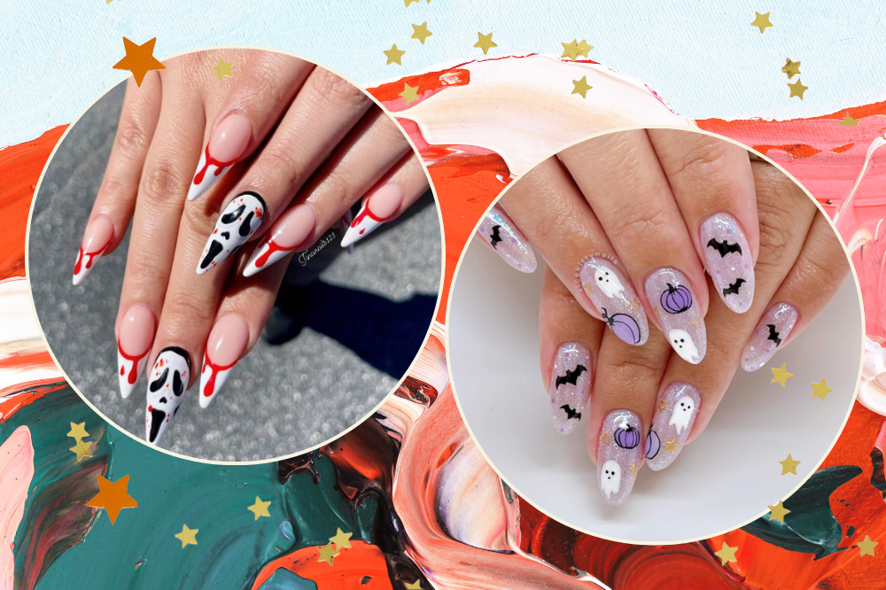 Montagem em fundo colorido com estrelinhas douradas de duas fotos em molduras circulares de duas opções de nail arts para o Halloween.