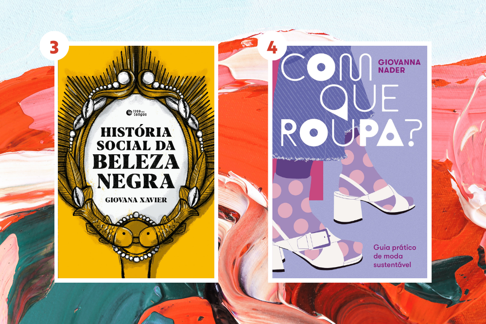 Montagem em fundo colorido texturizado com tintas com duas opções de livros sobre moda.