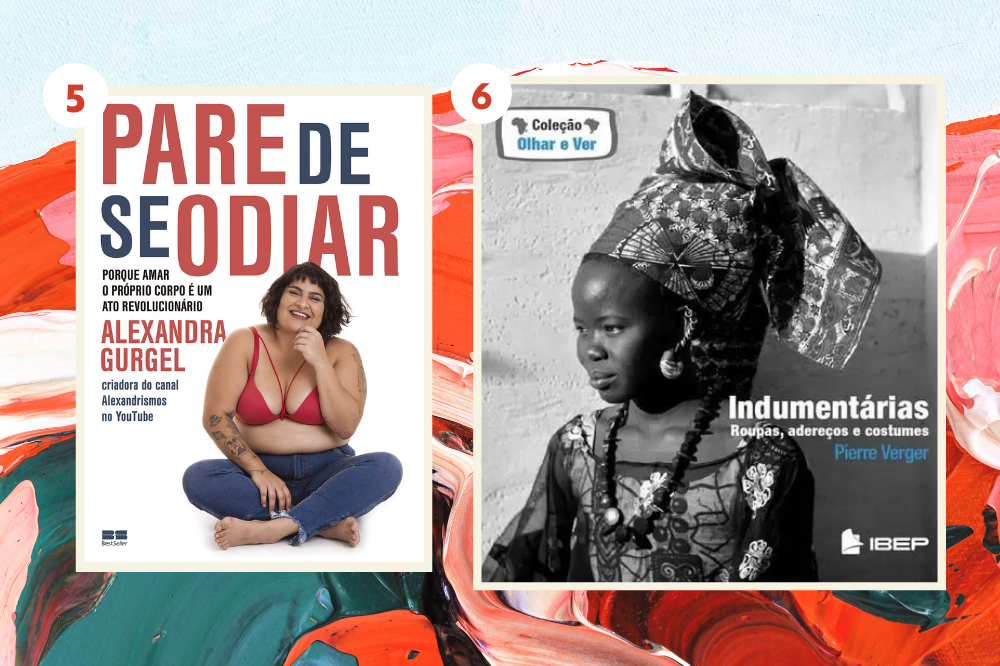 Montagem em fundo colorido texturizado com tintas com duas opções de livros sobre moda.