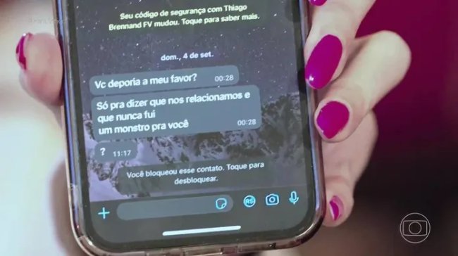 Quem é Thiago Brennand, brasileiro procurado por cometer de crimes sexuais Print da tela do celular. Tem uma conversa de WhatsApp aberta e um home tenta convencer uma mulher a depor a seu favor na delegacia