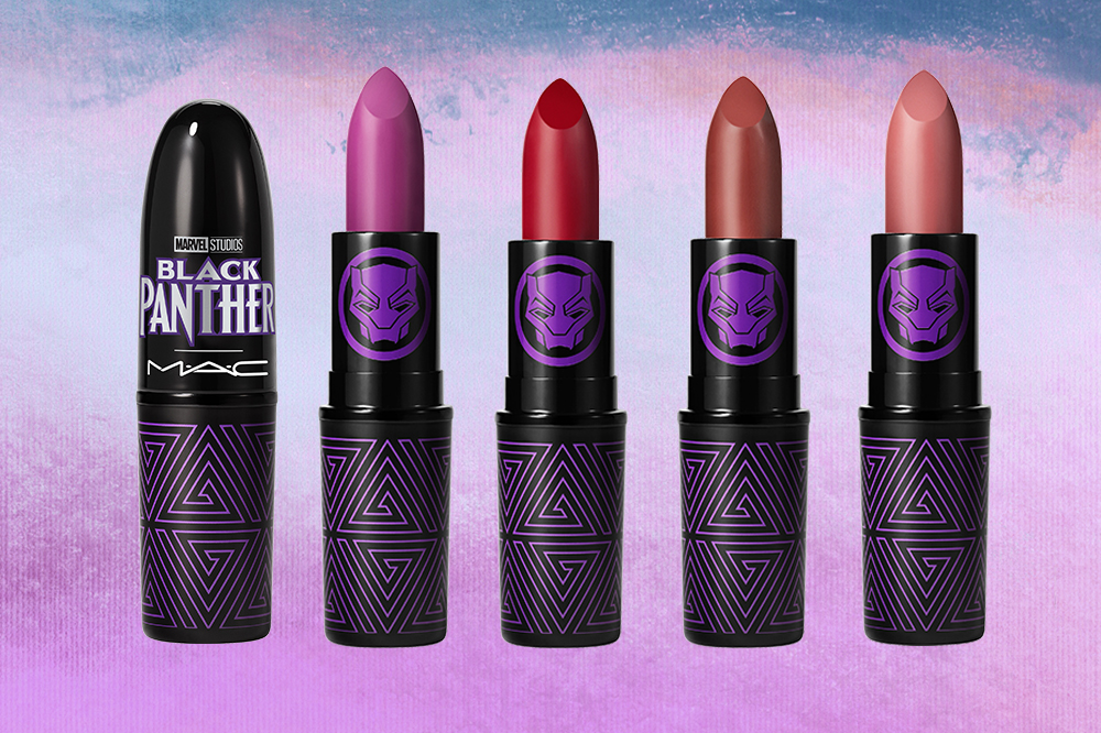 coleção-mac-cosmetics-pantera-negra-batons Batons da coleção Pantera Negra da MAC Cosmetics em fundo degradê roxo e azul
