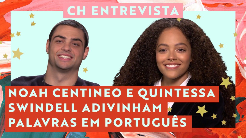 Colagem de Noah Centineo e Quintessa Swindell sorrindo em captura de tela de entrevista concedida à CAPRICHO; o fundo é verde e a margem é uma textura nas cores rosa, vermelho, branco, preto e verde; estrelas amarelas decoram a imagem