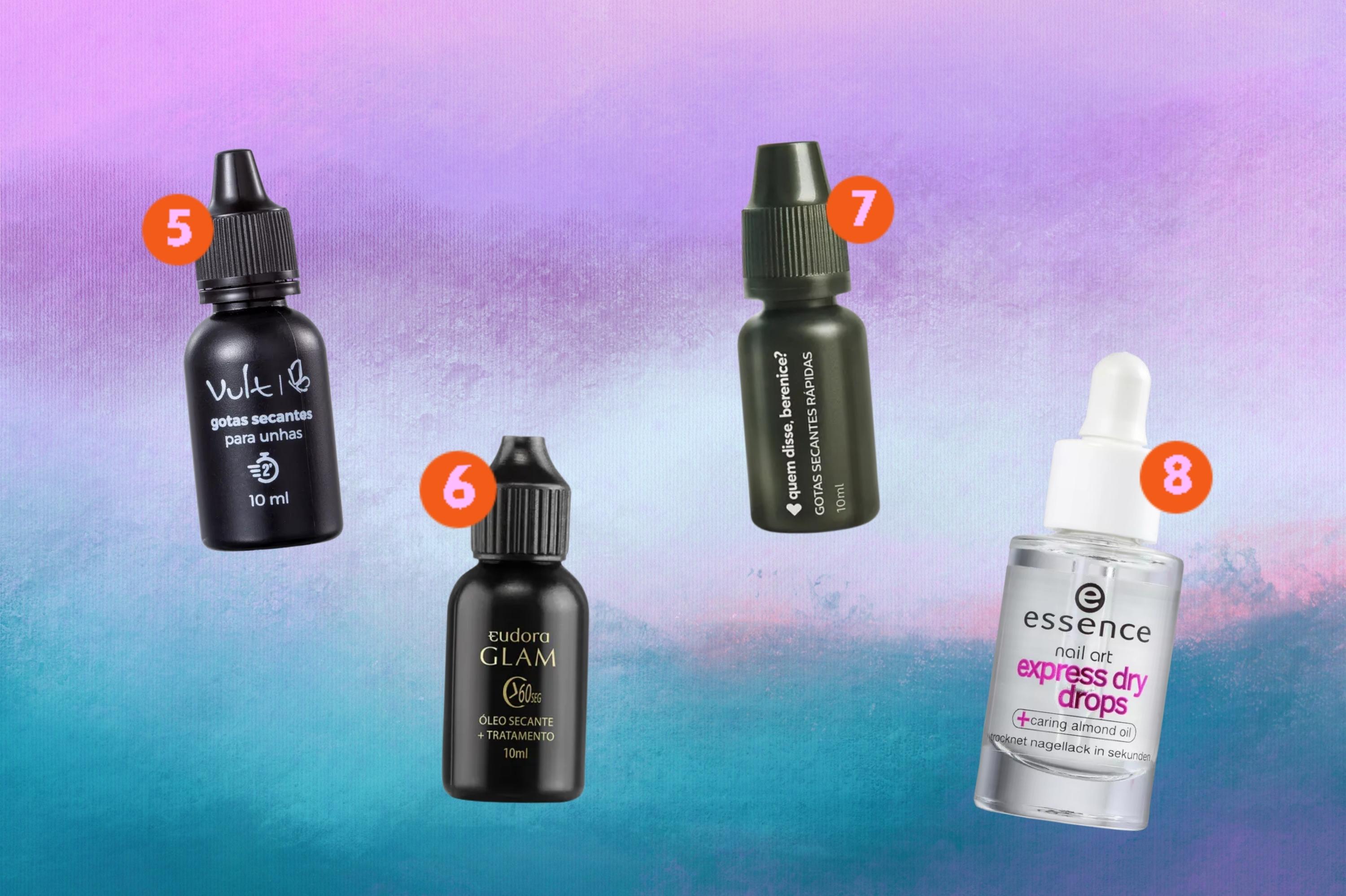 opcoes-de-oleos-em-gota-para-secar-esmalte Montagem com o fundo em degrade roxo e azul com quatro opções de gotas para secar o esmalte mais rápido.