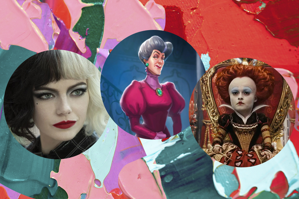 Vilãs da Disney: Cruella de Vil, Lady Tremaine e Rainha de Copas em fotos com molduras circulares em fundo rosa, verde e vermelho