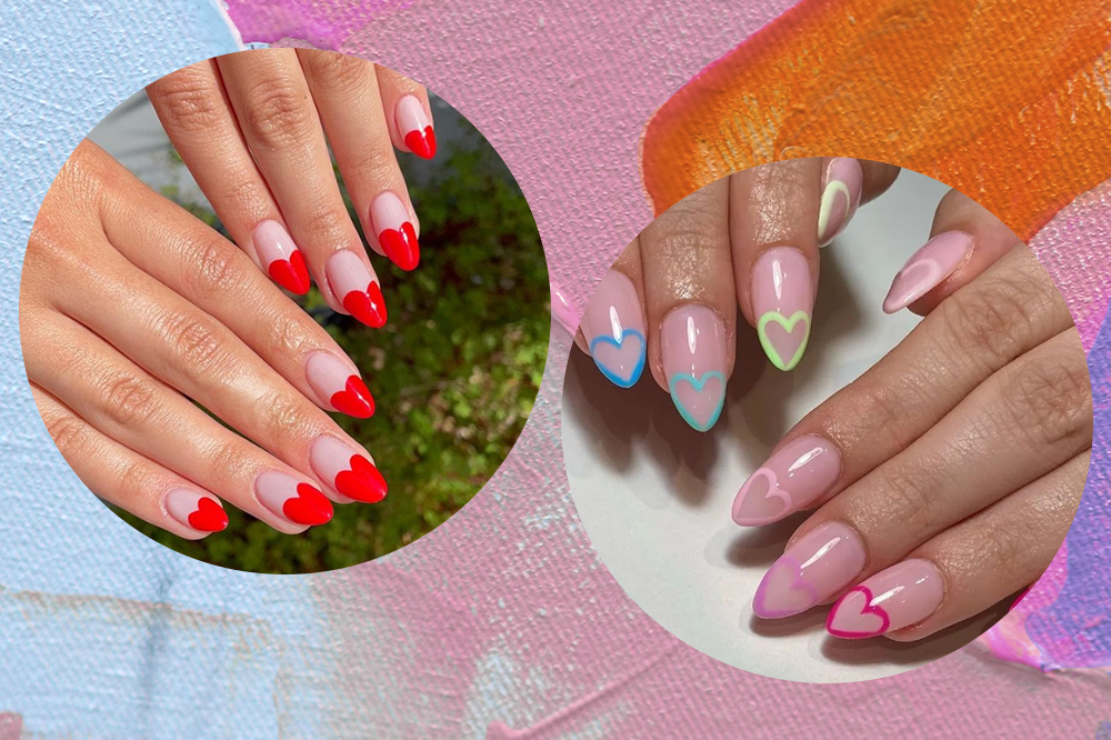 Montagem em fundo azul, rosa e laranja de duas fotos de mãos com unhas com francesinhas em formato de coração