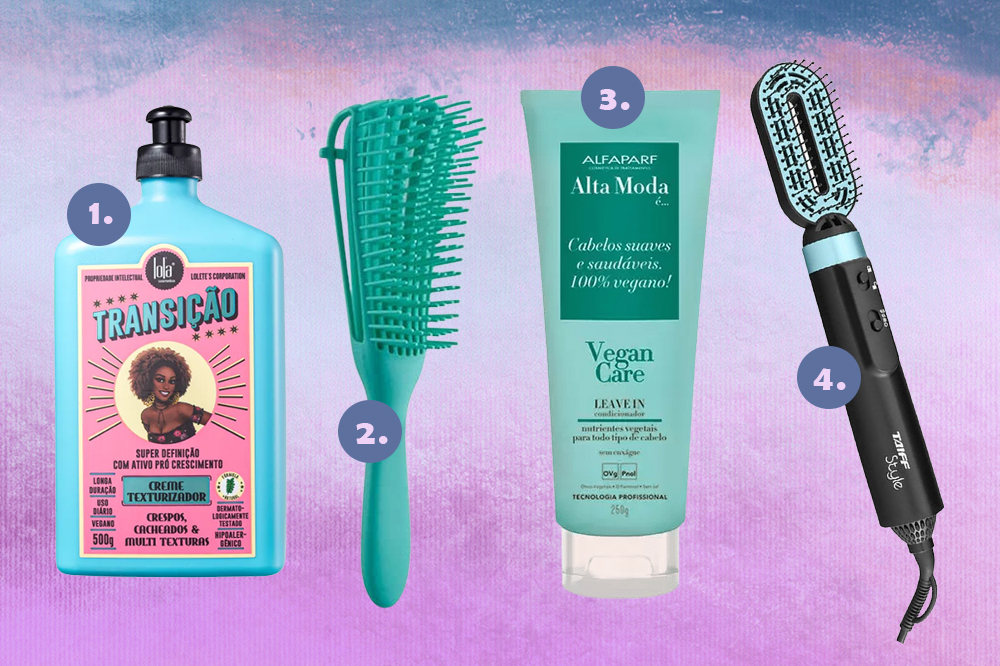 black-friday-produtos-cabelo Produtos de cabelo em promoção na Black Friday. Montagem em fundo degradê azul e lilás