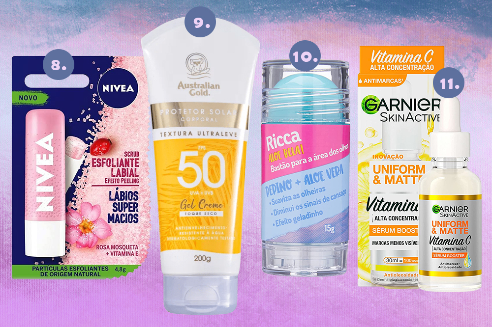black-friday-produtos-skincare-pele-01 Produtos de pele em promoção na Black Friday. Montagem em fundo degradê azul e lilás