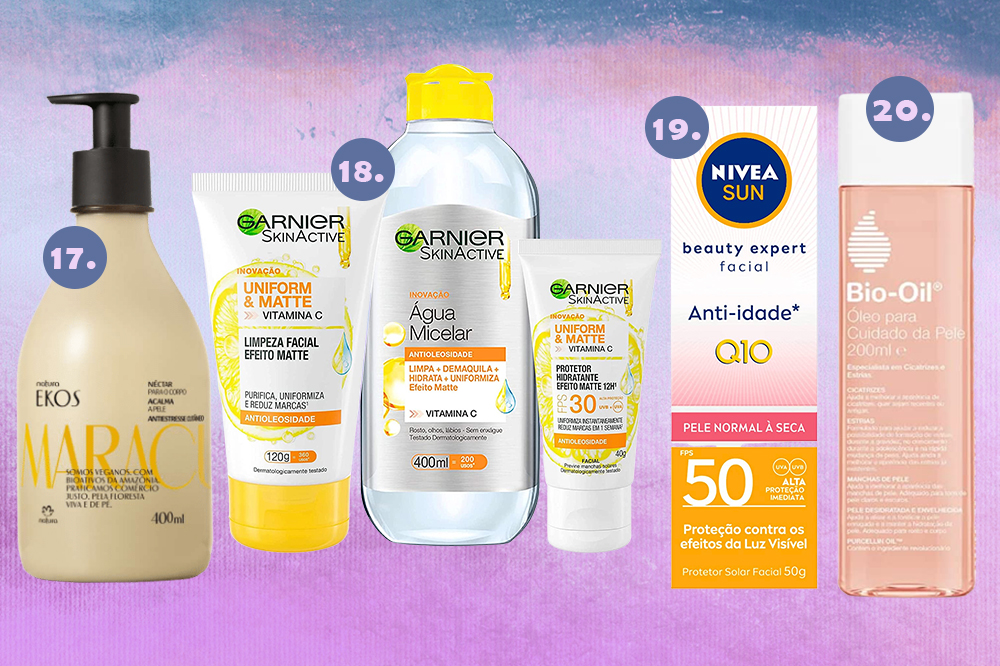 black-friday-produtos-skincare-pele-03 Produtos de pele em promoção na Black Friday. Montagem em fundo degradê azul e lilás