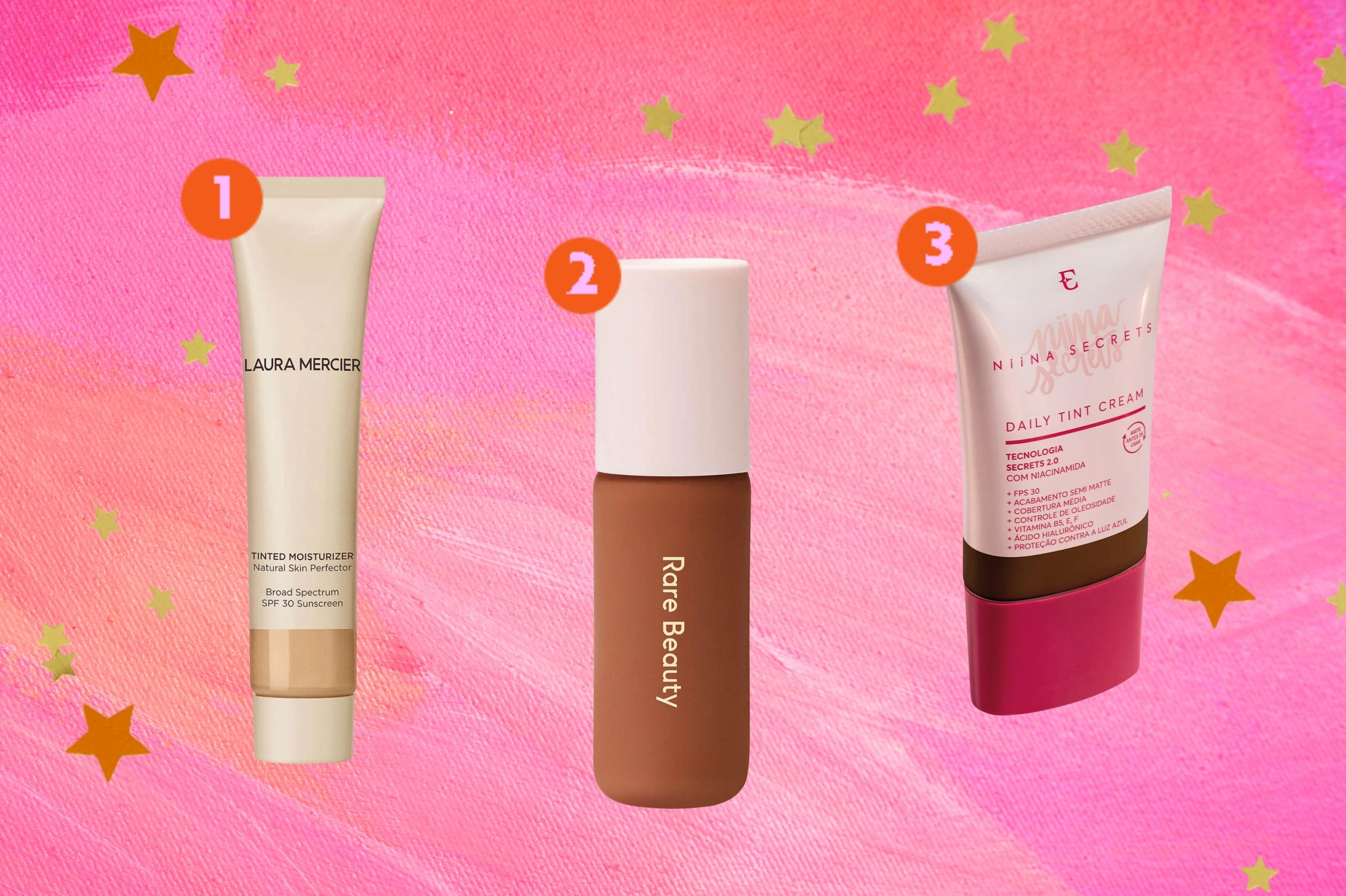 opcoes-de-skin-tints-para-testar Montagem com o fundo rosa com estrelas douradas com a foto de três opções do produto de beleza skin tint no centro.