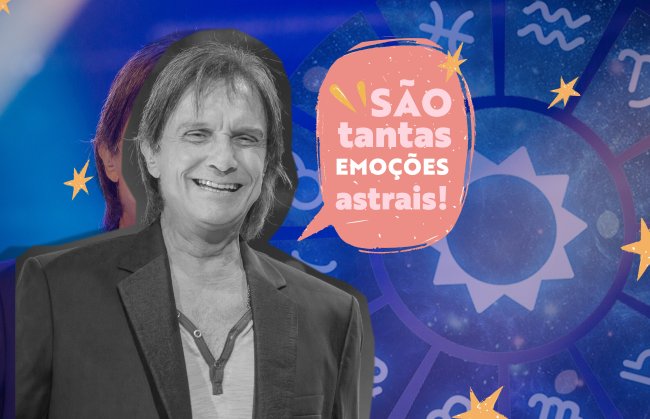 Quais signos do zodíaco ainda viverão muitas emoções no final de 2022? Foto do Roberto Carlos sorringo. Atrás dele, a imagem dos doze signos do zodíaco