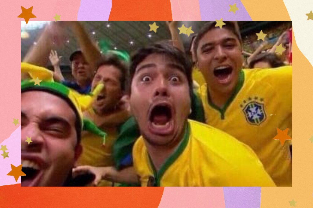 Montagem com o fundo colorido e detalhe de estrelas nas bordas com a foto de um torcedor do Brasil no centro.