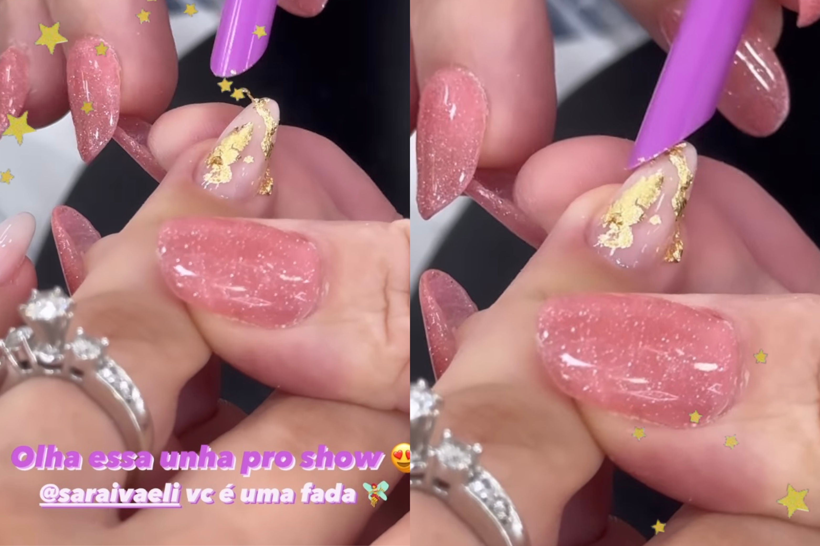 Print do story da Larissa Manoela com as unhas decoradas com detalhes de ouro.