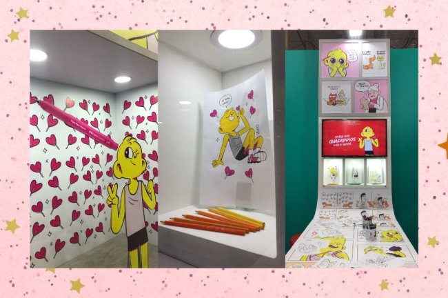 ccxp Três imagens com cenários temáticos de Arlindo na CCXP; na primeira uma ilustração em tamanho real de Arlindo em um fundo branco com corações rosa; na segunda Arlindo desenhado em uma sulfite com corações rosa em volta dele e lápis de cor em tons de amarelo e laranja na frente da olha; na terceira várias folhas com ilustrações de Arlindo em uma mesa com mais imagens do quadrinho na parede em televisões e quadros com uma parede verde nas laterais; a margem é uma textura rosa com bolinhas