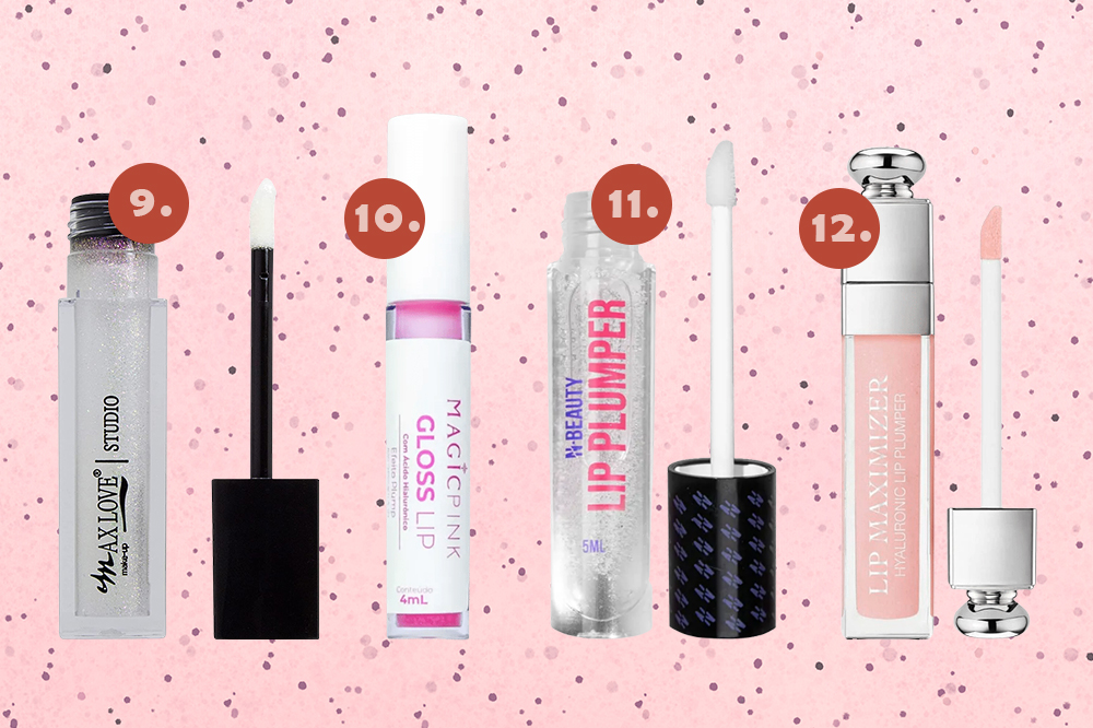 gloss-labial-efeito-volume-03 Montagem em fundo rosa com bolinhas com quatro opções de glosses labiais que prometem dar efeito volumoso