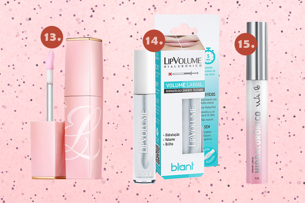 gloss-labial-efeito-volume-04 Montagem em fundo rosa com bolinhas com três opções de glosses labiais que prometem dar efeito volumoso