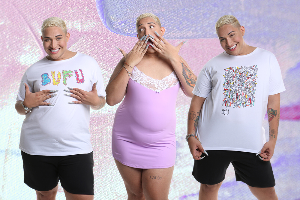 yarley-coleção-roupas-amir-slama- Montagem com três fotos do Yarley em fundo lilás e rosa