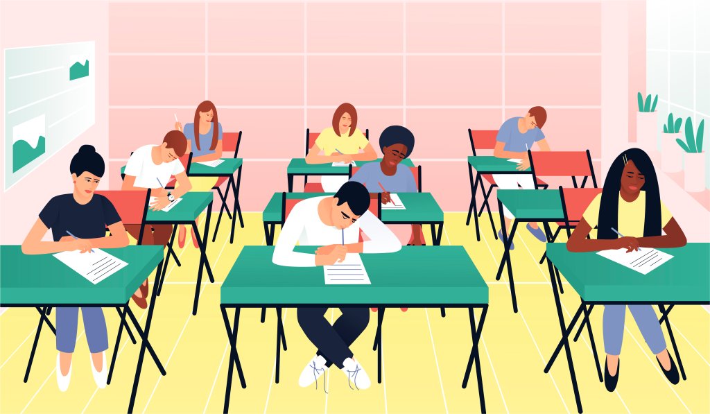 Ilustração de estudantes fazendo prova na sala de aula