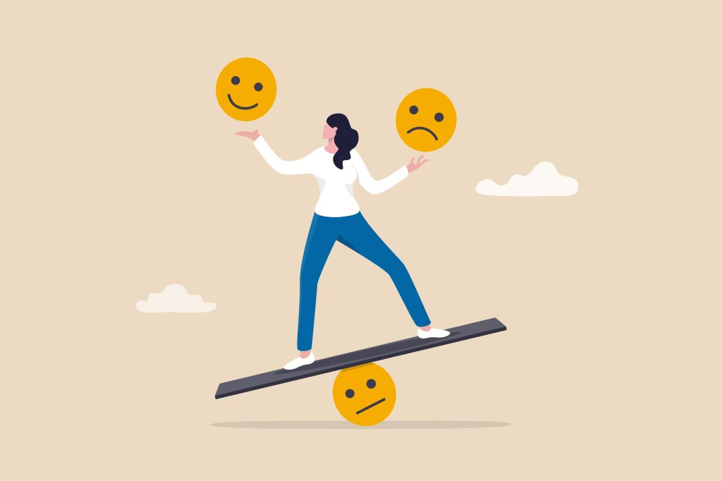 Ilustração de Inteligência emocional, equilíbrio do controle de emoções entre trabalho estressado ou tristeza e conceito de estilo de vida feliz, mulher calma consciente usando sua mão para equilibrar sorriso e rosto triste.