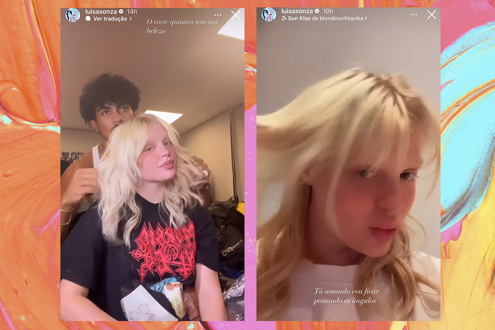 corte-quimico-cabelo-luisa-sonza Montagem em fundo laranja, amarelo, azul e rosa com duas capturas de tela de fotos de Luísa Sonza mostrando novo corte de cabelo após corte químico