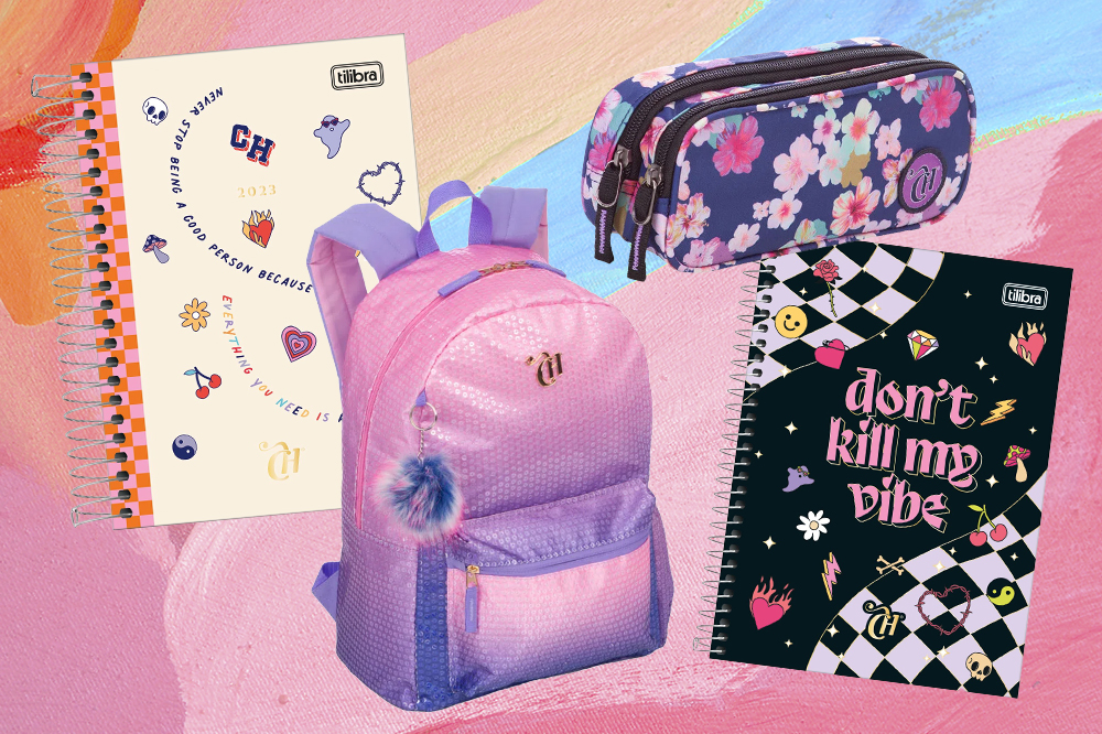 Montagem em fundo rosa, laranja e azul com quatro materiais escolares da CAPRICHO: caderno, agenda, mochila e estojo