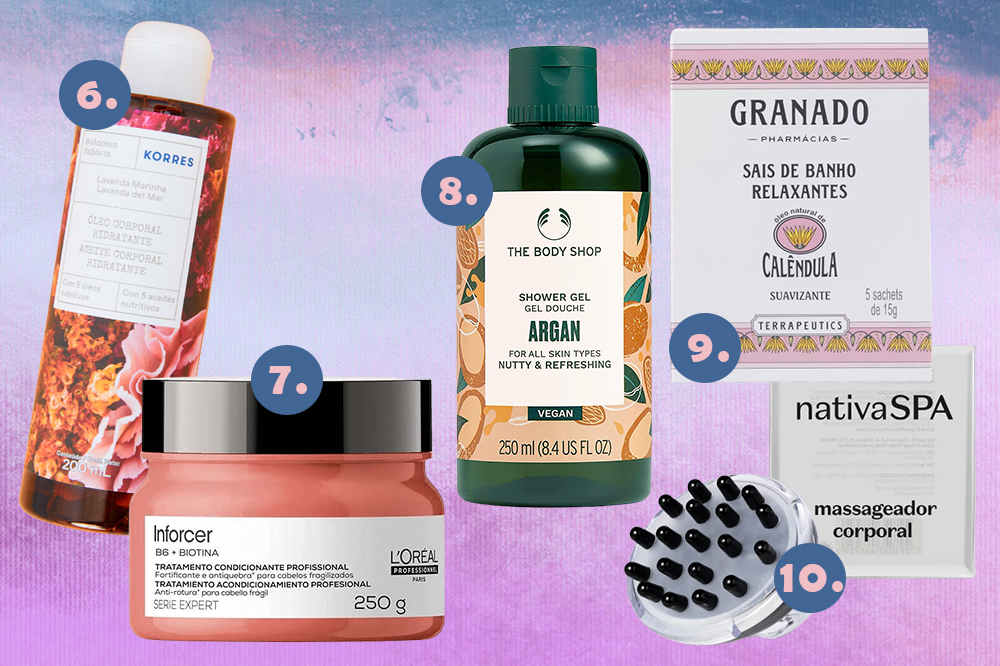 produtos-banho-relaxante-02 Montagem em fundo degradê lilás e azul com cinco produtos para tomar um banho relaxante