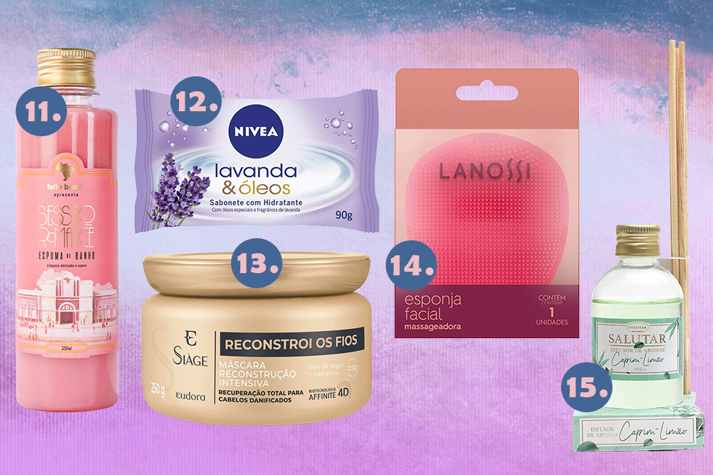 produtos-banho-relaxante-03 Montagem em fundo degradê lilás e azul com cinco produtos para tomar um banho relaxante