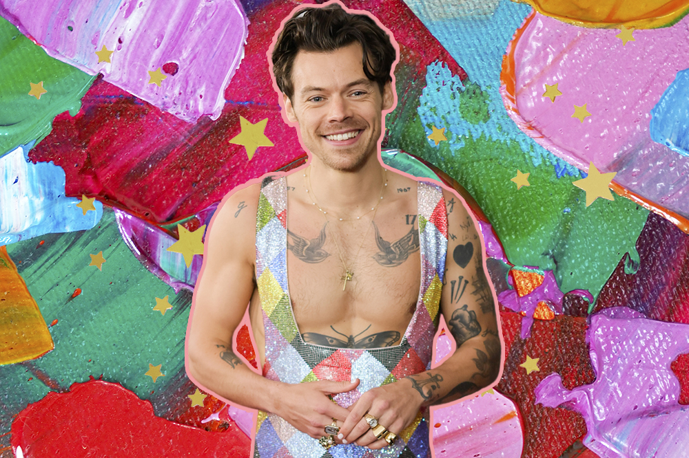 Harry Styles no Grammy 2023. Montagem com fundo colorido e estrelinhas douradas