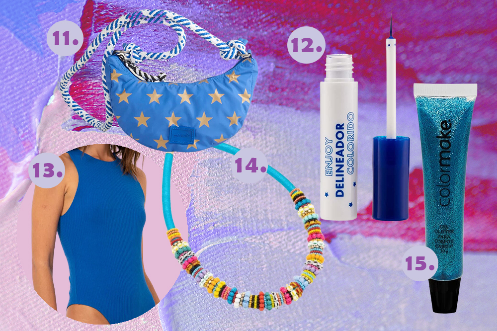 looks-carnaval-03 Montagem em fundo lilás e roxo com itens de Carnaval: bolsa azul, body azul, colar de miçangas, delineador azul e glitter azul