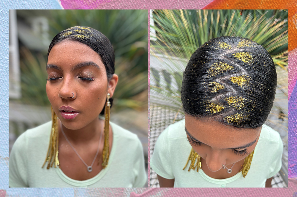 penteado-carnaval-coque Maquiagem e penteado para o Carnaval na Adrieny Magalhães, estagiária de moda e beleza da CH. Montagem em fundo azul, rosa e laranja