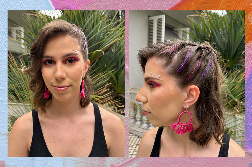 penteado-carnaval-meio-preso-02 Maquiagem e penteado para o Carnaval na Sofia Duarte, repórter de moda e beleza da CH. Montagem em fundo azul, rosa e laranja