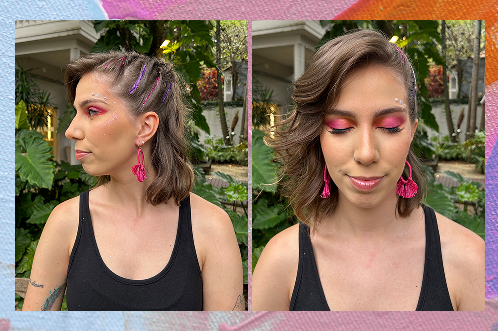 penteado-carnaval-meio-preso Maquiagem e penteado para o Carnaval na Sofia Duarte, repórter de moda e beleza da CH. Montagem em fundo azul, rosa e laranja