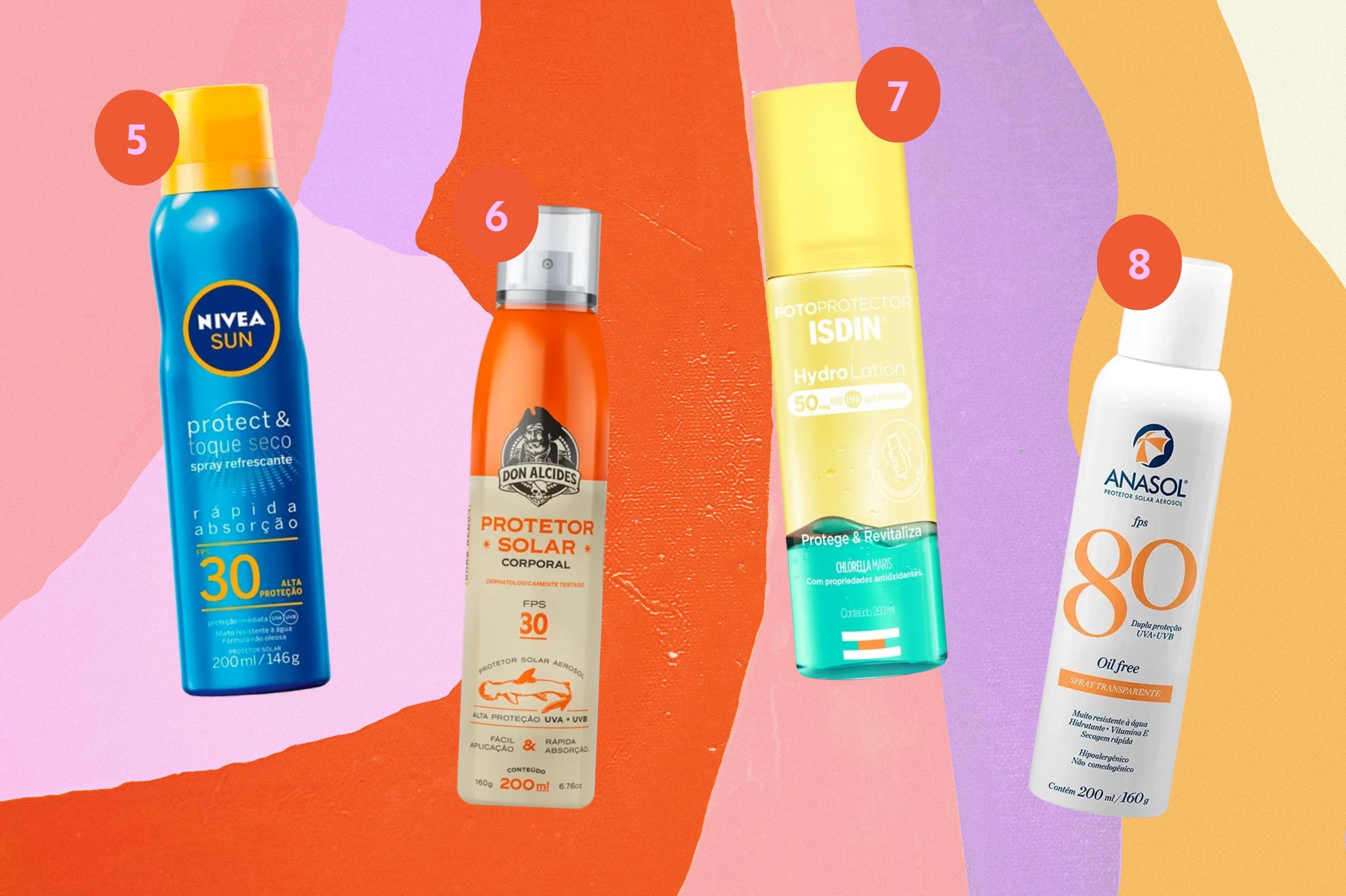 protetor-solar-em-spray-na-promocao Montagem com o fundo colorido com 4 opções de protetores solares em spray na promoção na imagem.