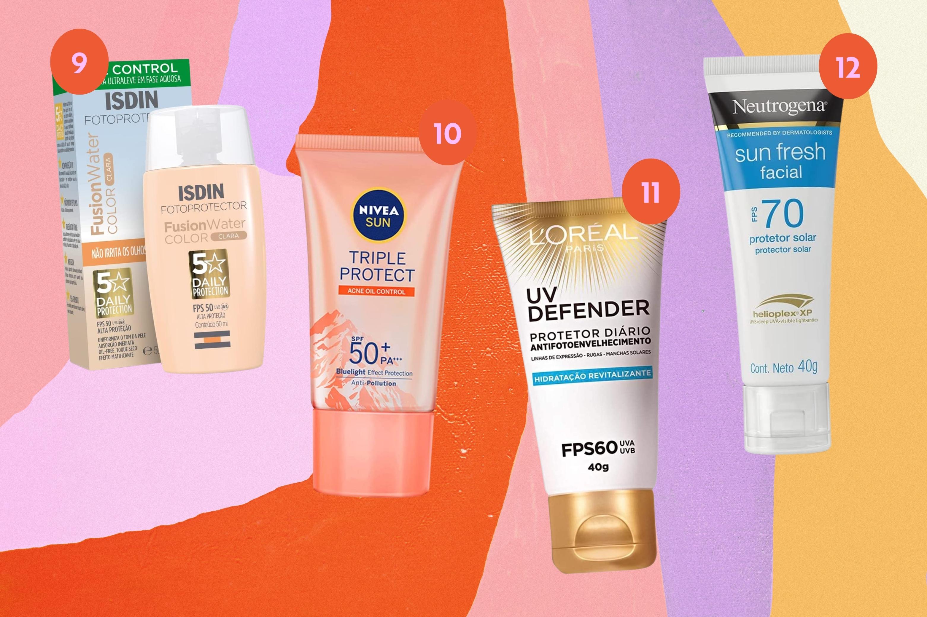 protetor-solar-facial-na-promocao Montagem com o fundo colorido com 4 opções de protetores solares faciais na promoção na imagem.