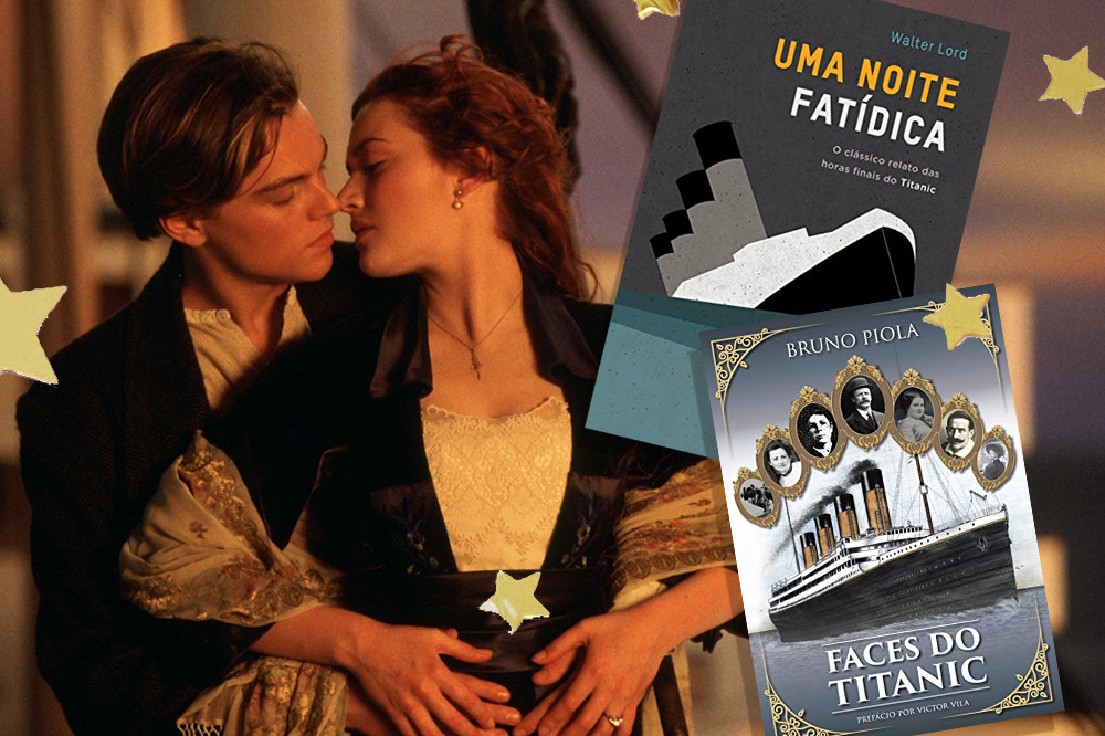 Colagem de uma foto do Titanic com dois livros sobre a história do navio ao lado