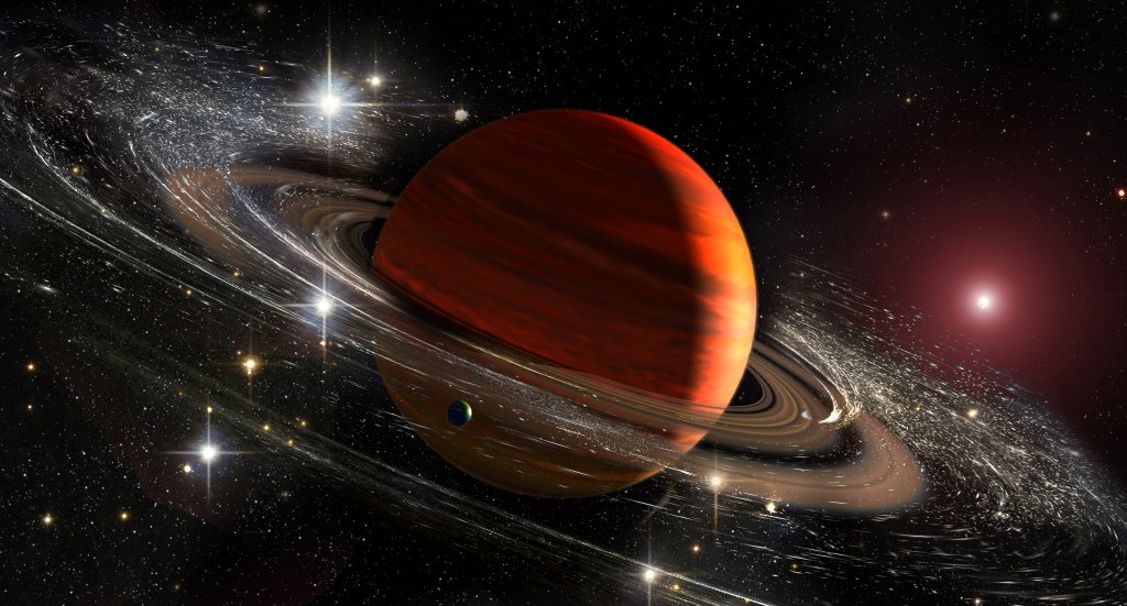 Foto do Planeta Saturno com anéis no espaço sideral entre poeira estelar e pais. Lua titã vista. Elementos desta imagem fornecida pela NASA.