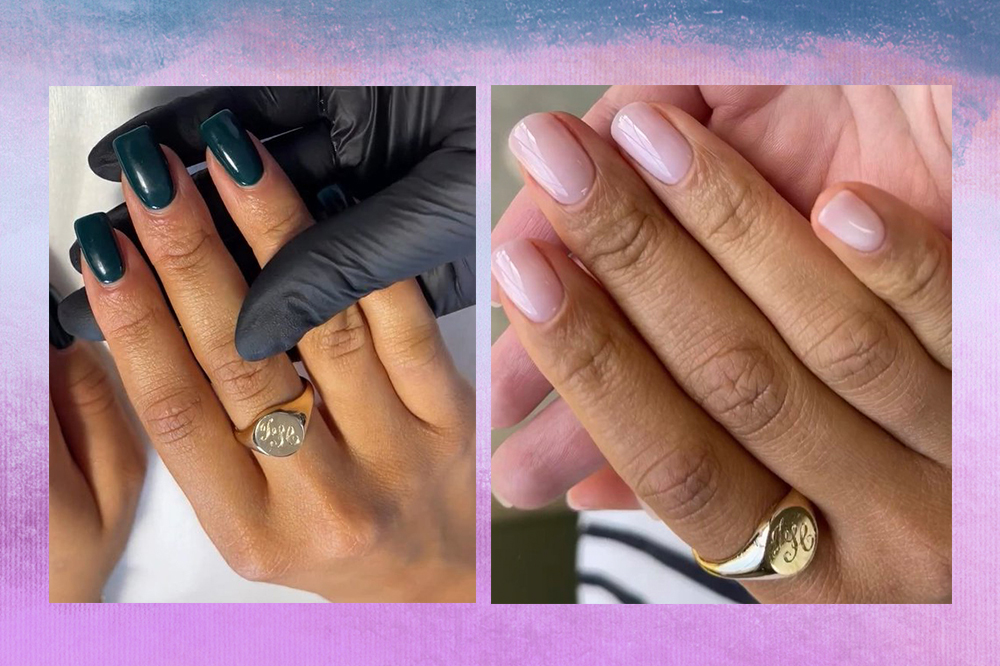anel-zendaya-tom-holland Montagem em fundo degradê lilás e azul com duas fotos da mão da Zendaya usando anel dourado com iniciais do Tom Holland