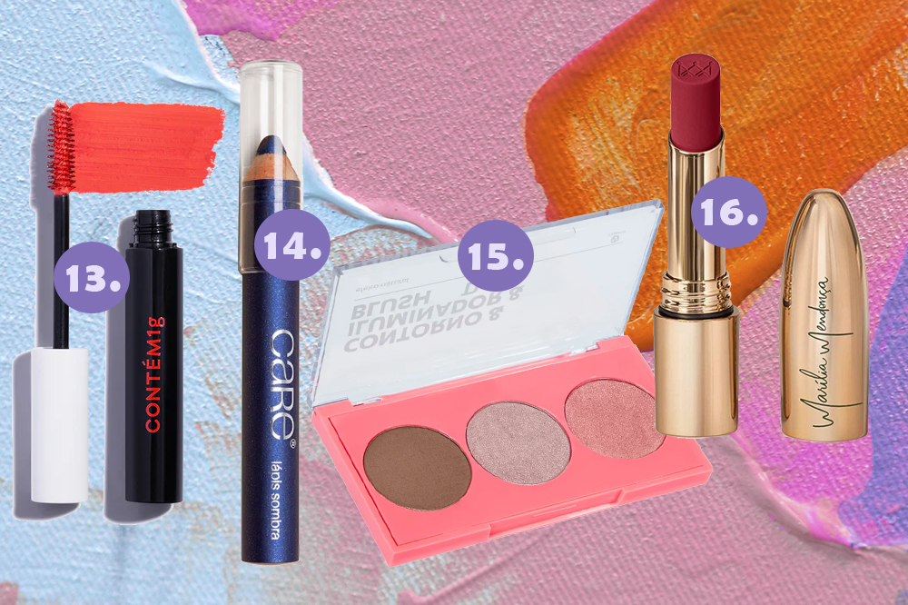 maquiagem-lollapalooza-04 Montagem em fundo azul, rosa e laranja com quatro produtos de maquiagem para usar em festival de música: máscara de cílios vermelha, lápis azul, trio de iluminadores e contorno e batom vermelho