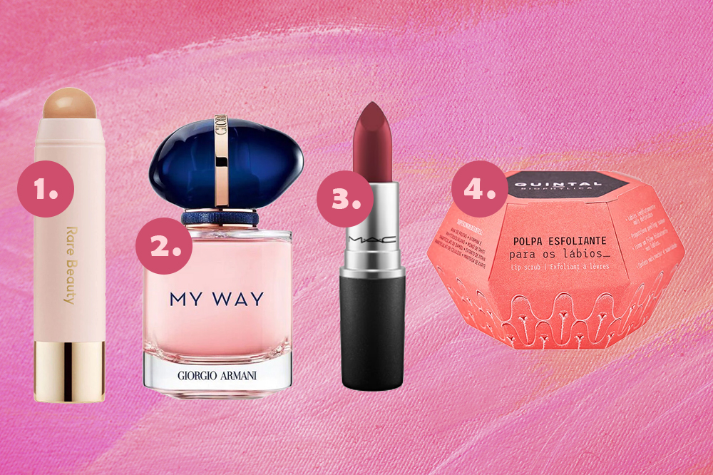 promoção-produtos-beleza-sephora-chic-week-01 Montagem em fundo rosa com produtos de beleza em promoção na Sephora Chic Week: contorno, perfume, batom e esfoliante labial