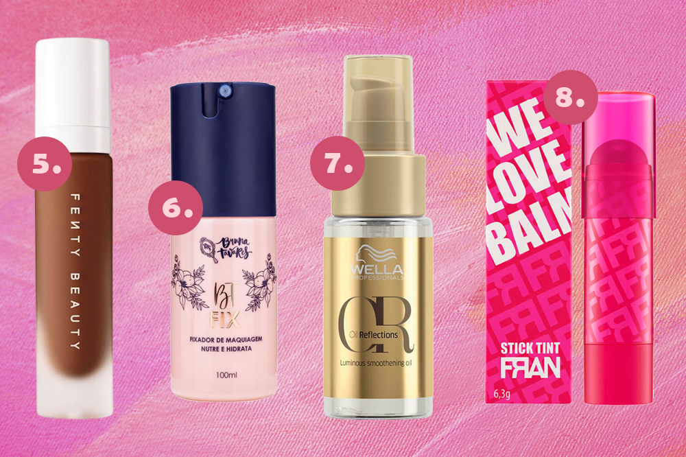 promoção-produtos-beleza-sephora-chic-week-02 Montagem em fundo rosa com produtos de beleza base, bruma facial, óleo capilar e balm labial