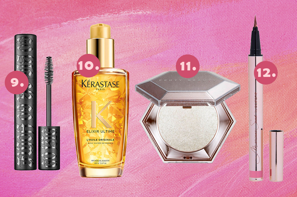 promoção-produtos-beleza-sephora-chic-week-03 Montagem em fundo rosa com produtos de beleza: máscara de cílios, óleo capilar, iluminador e caneta delineadora
