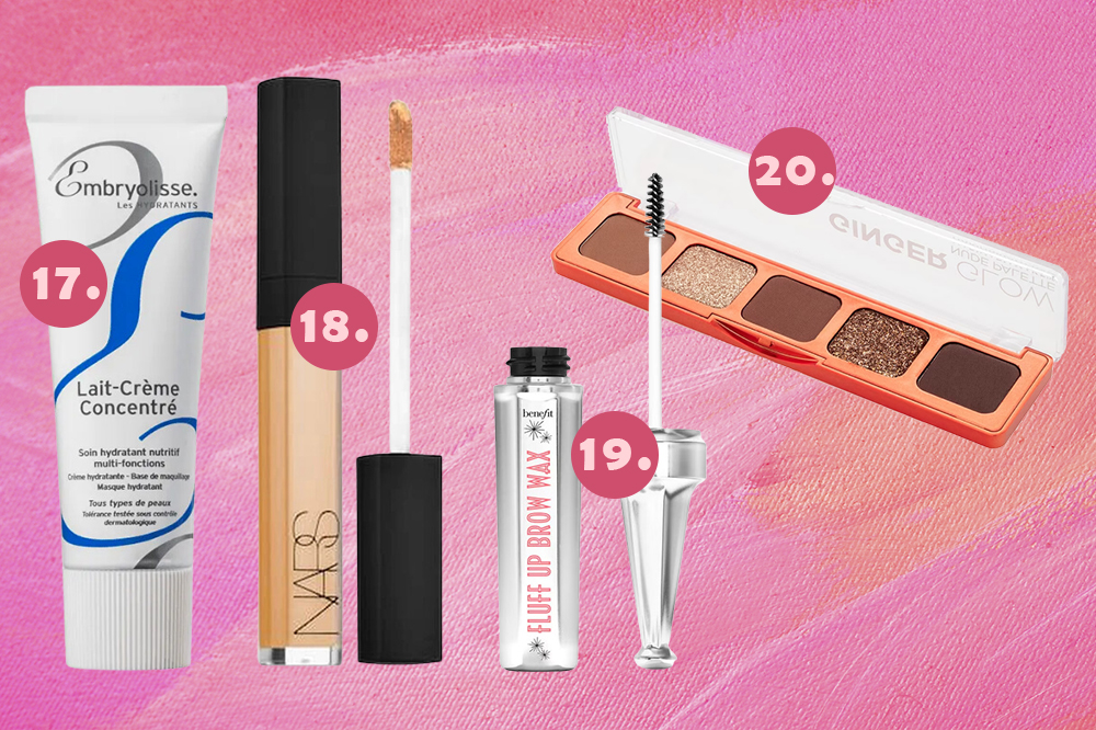promoção-produtos-beleza-sephora-chic-week-05 Montagem em fundo rosa com produtos de beleza: hidratante facial, corretivo, gel de sobrancelhas e paleta de sombras