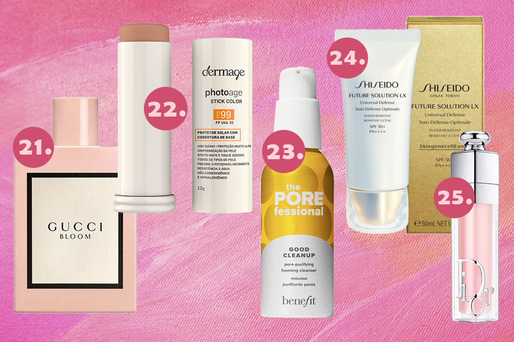 promoção-produtos-beleza-sephora-chic-week-06 Montagem em fundo rosa com produtos de beleza: perfume, protetor solar com cor, espuma higienizadora, hidratante facial e gloss de volume