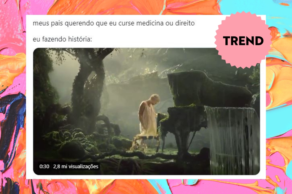 Print de um tweet usando um clipe da taylor swift e escrito: "meus pais querendo que eu curse medicina ou direitoeu fazendo história:"