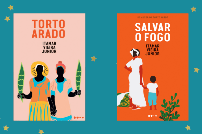 Duas capas de livros, uma rosa e outra laranja