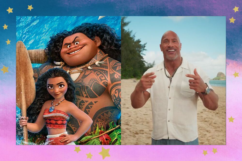 Imagem da animação Moana com dois personagens e foto de The Rock sorrindo enquanto fala em um ambiente externo durante o dia; a margem é uma textura nas cores rosa, lilás, azul, roxo e branco com estrelas amarelas como decoração