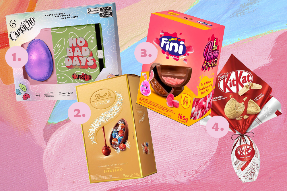 ovos-de-pascoa-chocolate-2023-01 Montagem em fundo rosa e azul com fotos de quatro ovos de Páscoa